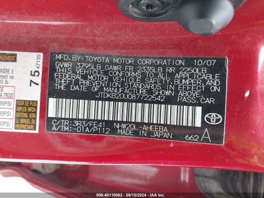 2008 Toyota Prius VIN: JTDKB20U087722542 Lot: 40110062