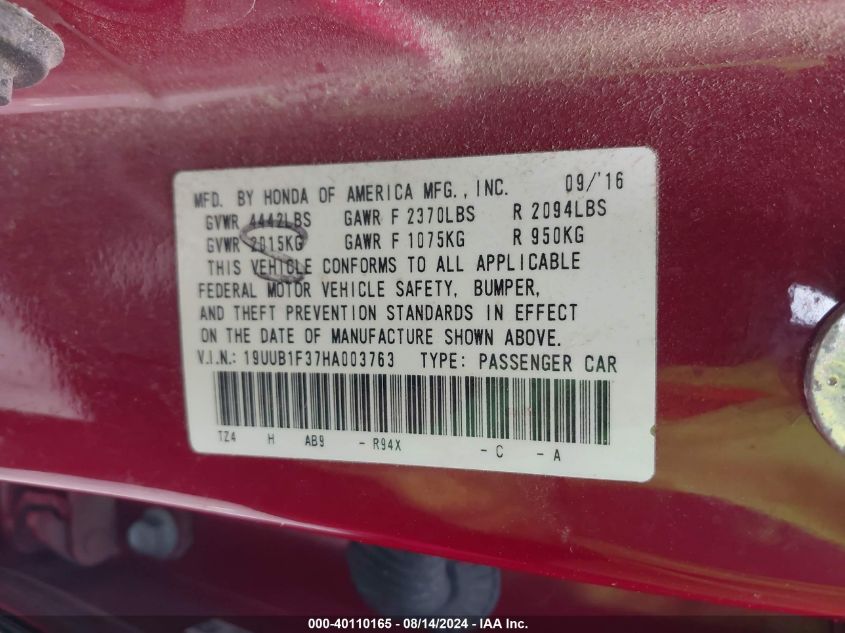 VIN 19UUB1F37HA003763 2017 ACURA TLX no.9