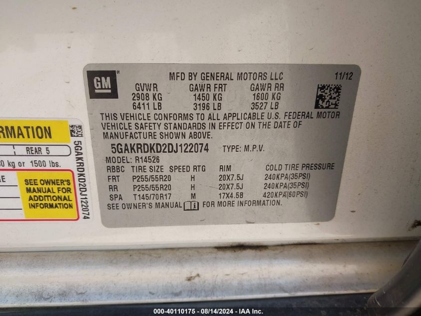 2013 Buick Enclave Premium VIN: 5GAKRDKD2DJ122074 Lot: 40110175