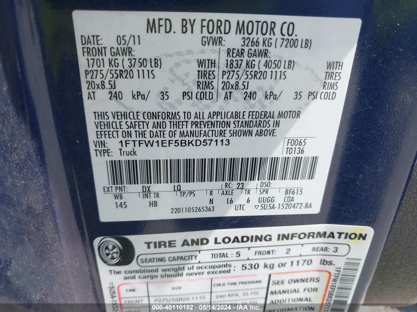 2011 Ford F-150 Lariat VIN: 1FTFW1EF5BKD57113 Lot: 40110182