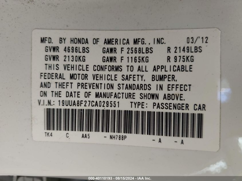 2012 Acura Tl 3.5 VIN: 19UUA8F27CA029551 Lot: 40110193