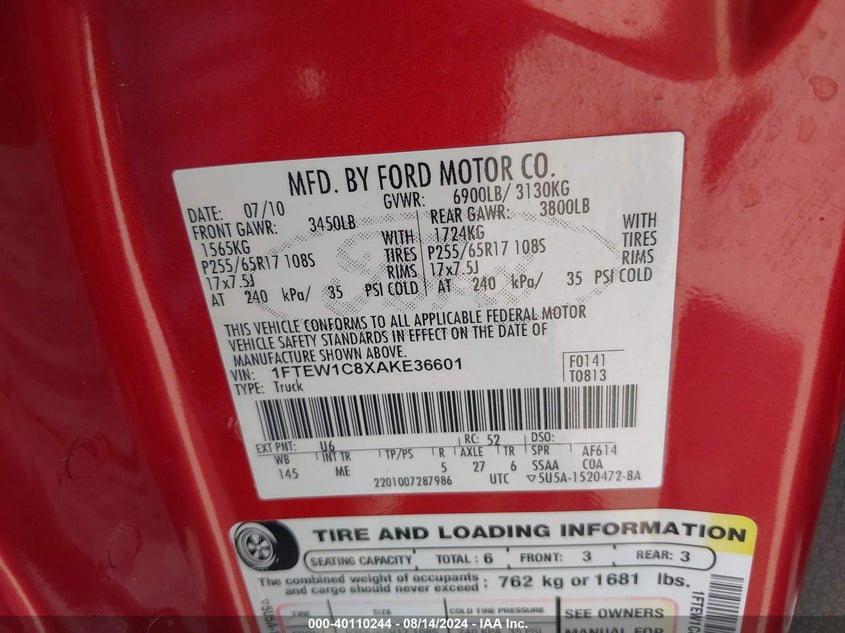 2010 Ford F-150 Fx2 Sport/Xl/Xlt VIN: 1FTEW1C8XAKE36601 Lot: 40110244