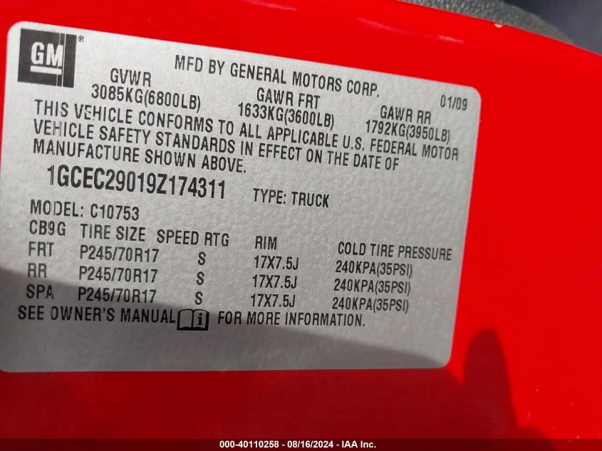 2009 Chevrolet Silverado 1500 Lt VIN: 1GCEC29019Z174311 Lot: 40110258