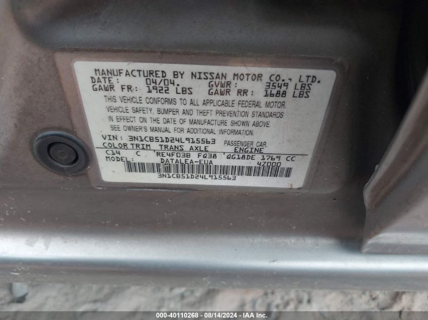 2004 Nissan Sentra 1.8/1.8S VIN: 3N1CB51D24L915563 Lot: 40110268