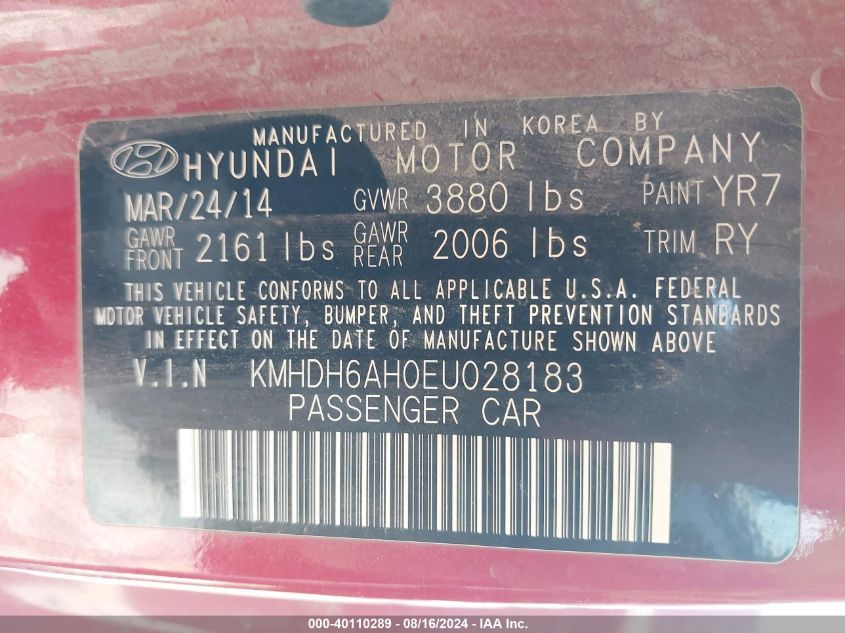 KMHDH6AH0EU028183 2014 Hyundai Elantra