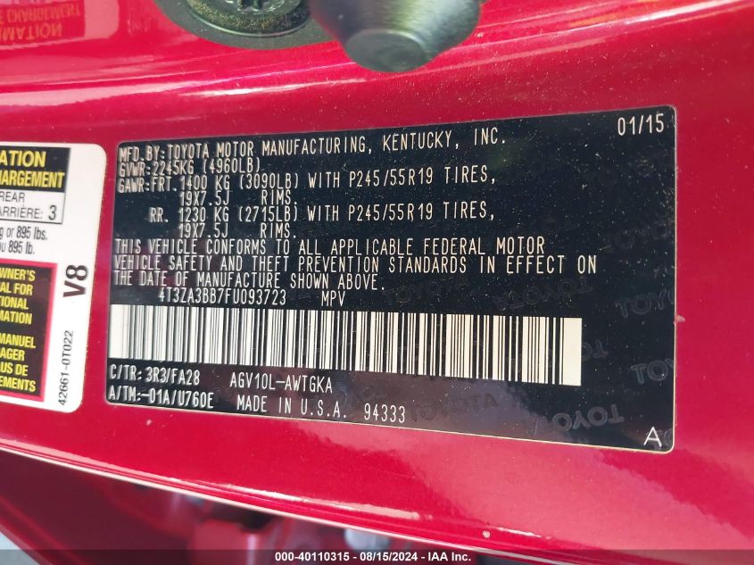 2015 Toyota Venza Le VIN: 4T3ZA3BB7FU093723 Lot: 40110315