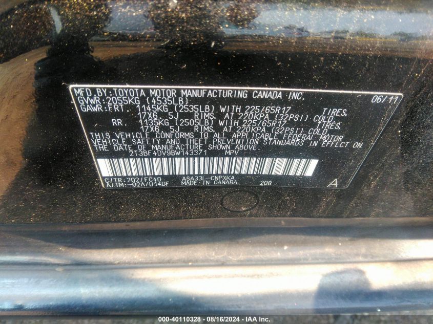 2011 Toyota Rav4 VIN: 2T3BF4DV9BW143371 Lot: 40110328
