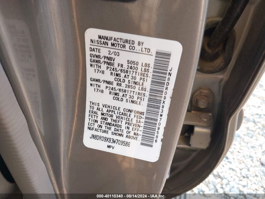 2003 Nissan Pathfinder Le VIN: JN8DR09X93W709586 Lot: 40110340