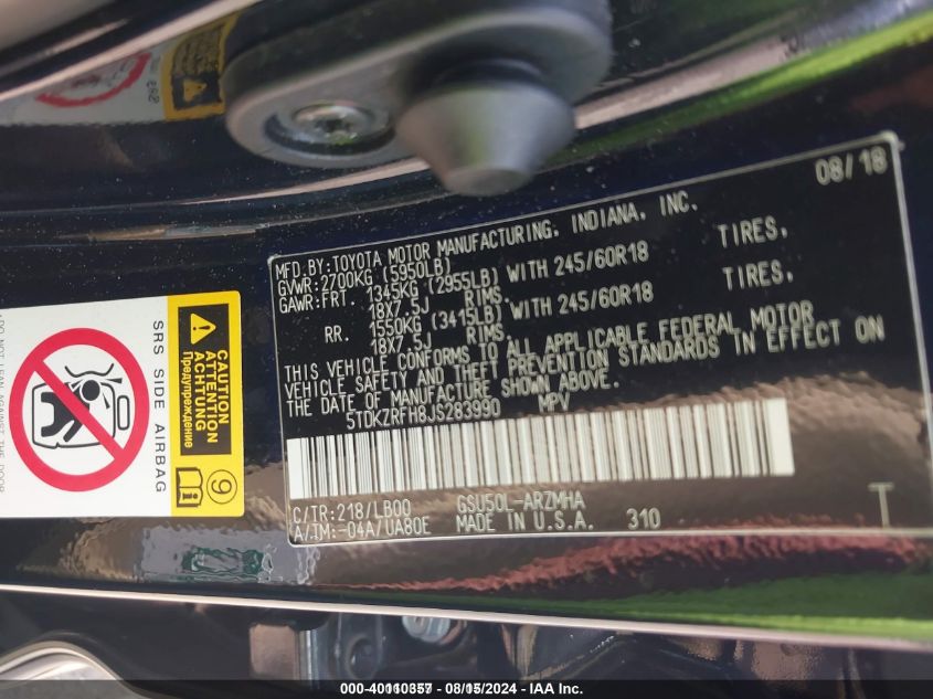 2018 Toyota Highlander Xle VIN: 5TDKZRFH8JS283990 Lot: 40110357