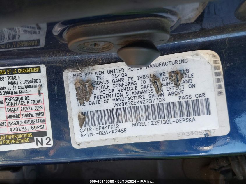 2004 Toyota Corolla S VIN: 1NXBR32EX4Z297703 Lot: 40110360