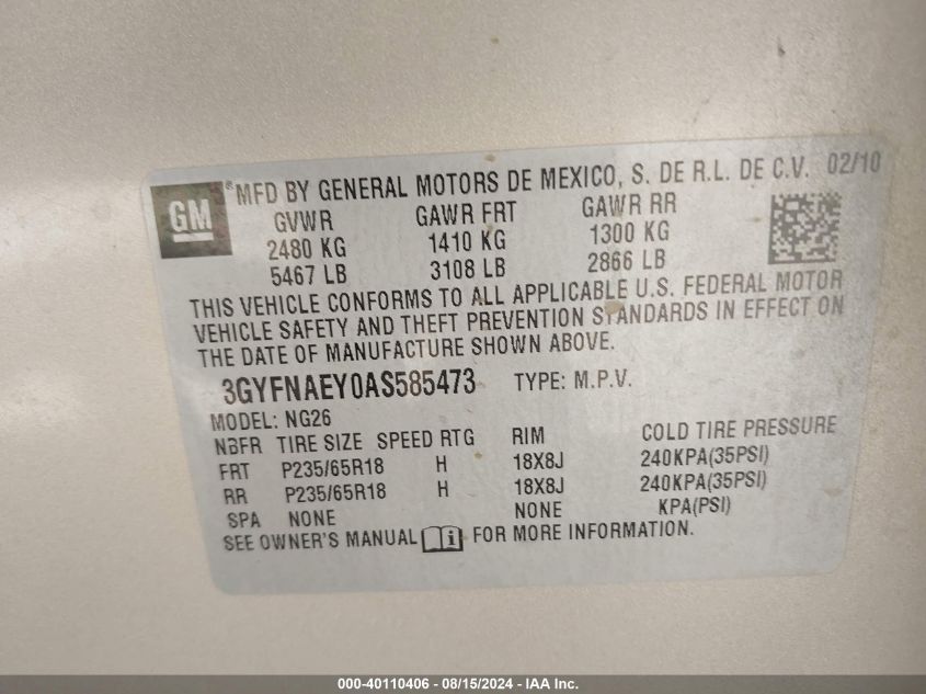 2010 Cadillac Srx Luxury Collection VIN: 3GYFNAEY0AS585473 Lot: 40110406