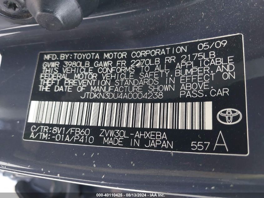 2010 Toyota Prius Iii VIN: JTDKN3DU4A0004238 Lot: 40110425