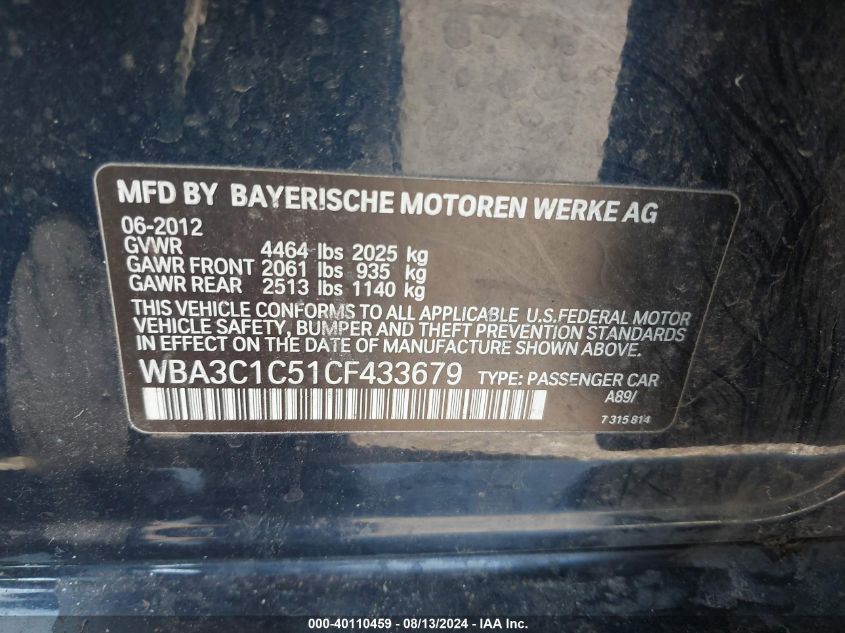 2012 BMW 328I VIN: WBA3C1C51CF433679 Lot: 40110459