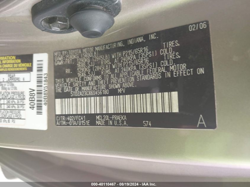 5TDZA23CX6S456180 2006 Toyota Sienna Le