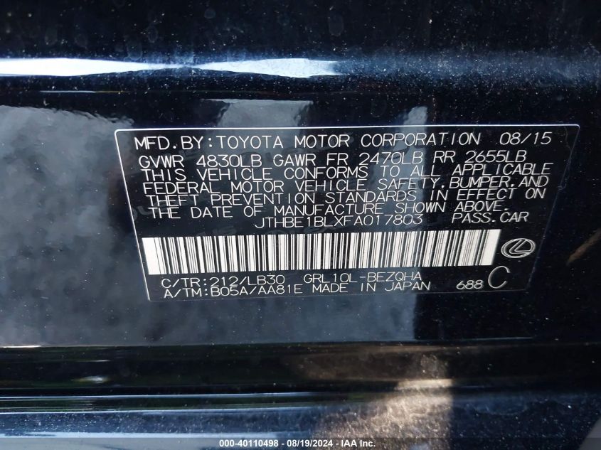 2015 Lexus Gs 350 VIN: JTHBE1BLXFA017803 Lot: 40110498