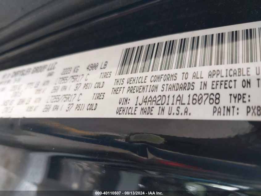 2010 Jeep Wrangler Sport VIN: 1J4AA2D11AL160768 Lot: 40110507