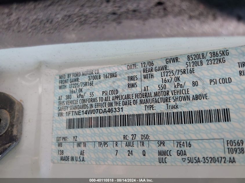 2007 Ford E-150 Commercial/Recreational VIN: 1FTNE14W07DA46331 Lot: 40110518