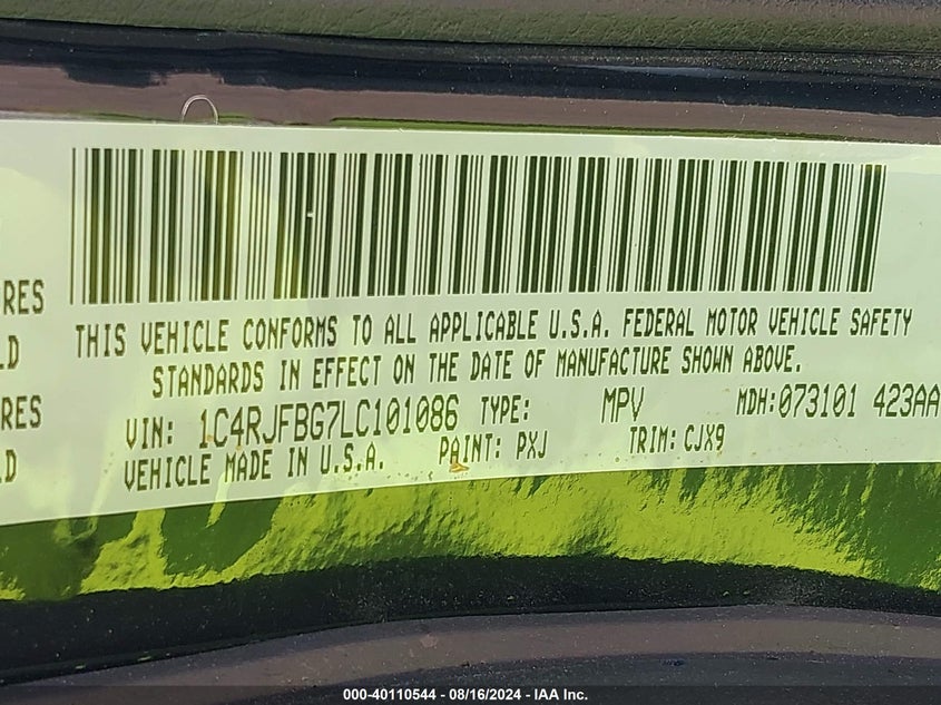 VIN 1C4RJFBG7LC101086 2020 JEEP GRAND CHEROKEE LIMITED 4X4