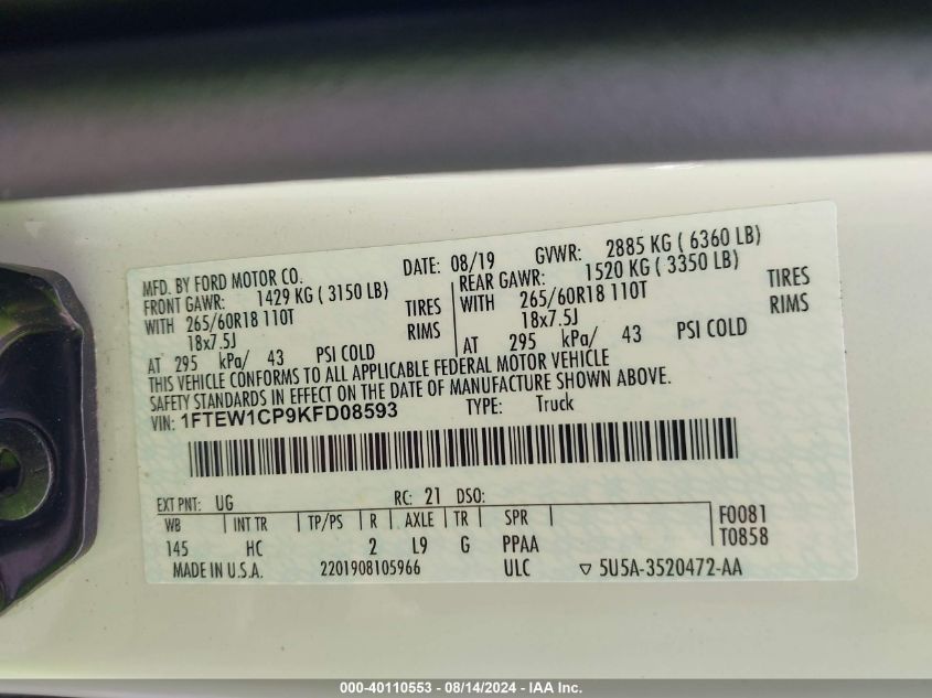 1FTEW1CP9KFD08593 2019 Ford F-150 Lariat