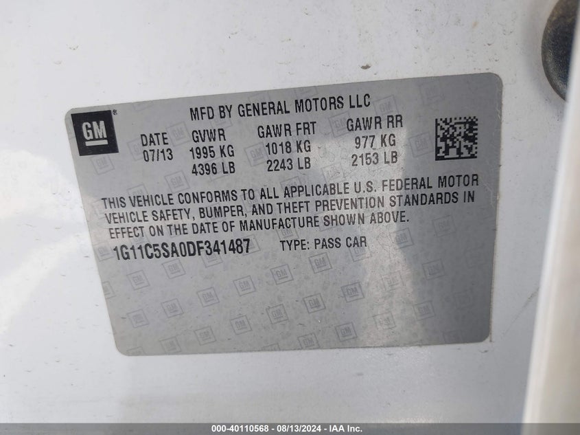 2013 Chevrolet Malibu 1Lt VIN: 1G11C5SA0DF341487 Lot: 40110568