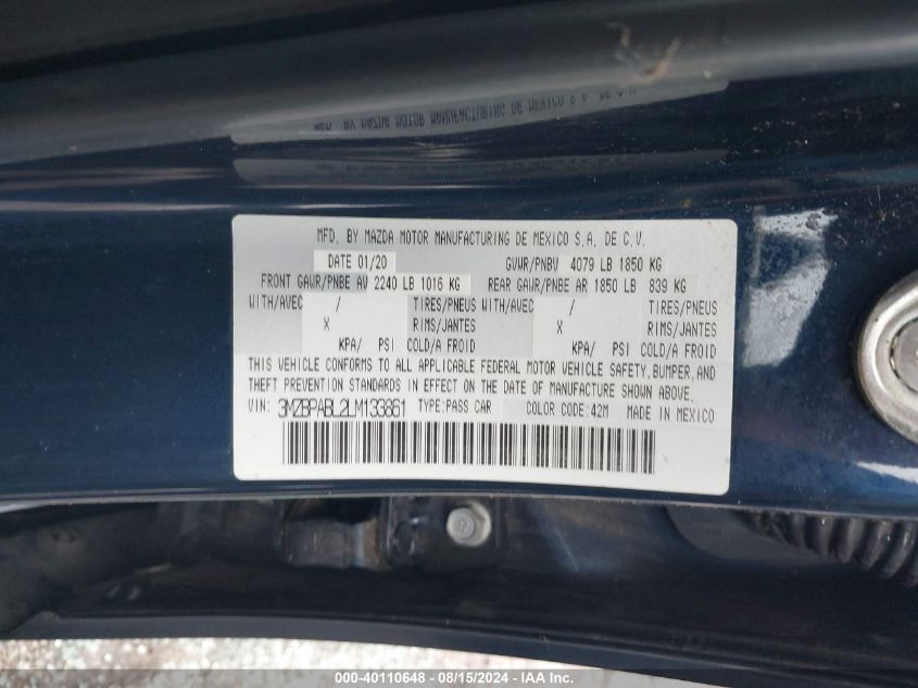 3MZBPABL2LM133861 2020 Mazda Mazda3