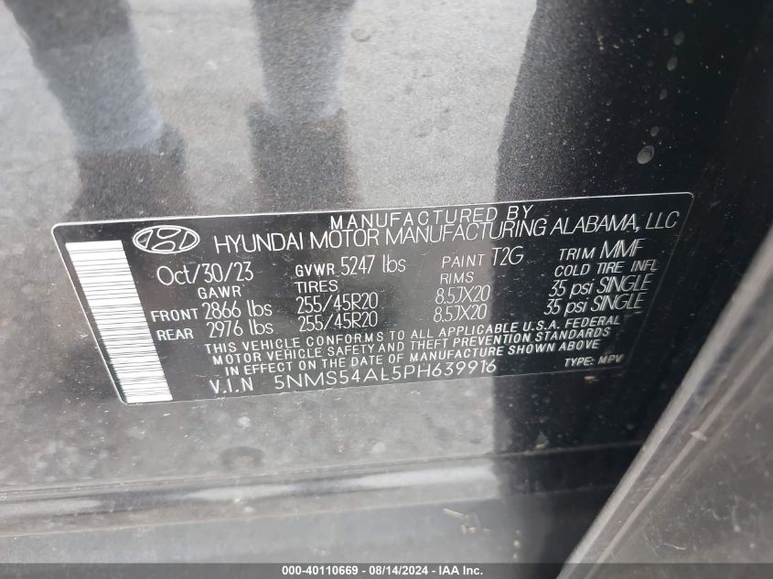 2023 Hyundai Santa Fe Calligraphy VIN: 5NMS54AL5PH639916 Lot: 40110669