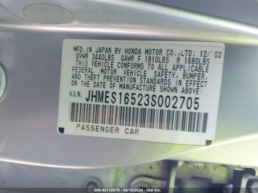 2003 Honda Civic Lx VIN: JHMES16523S002705 Lot: 40110679