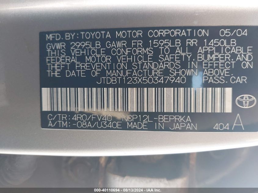 2005 Toyota Echo VIN: JTDBT123X50347940 Lot: 40110694
