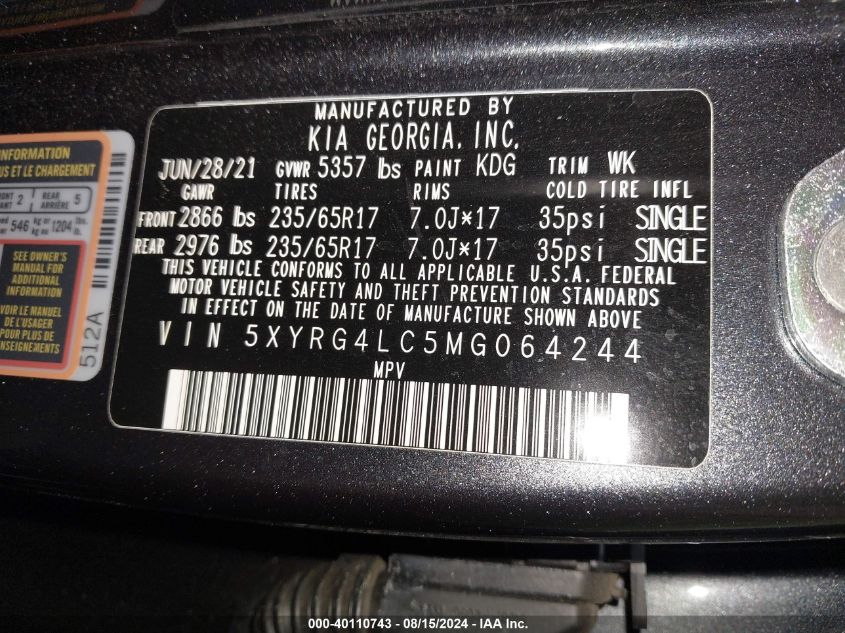 2021 Kia Sorento Lx VIN: 5XYRG4LC5MG064244 Lot: 40110743