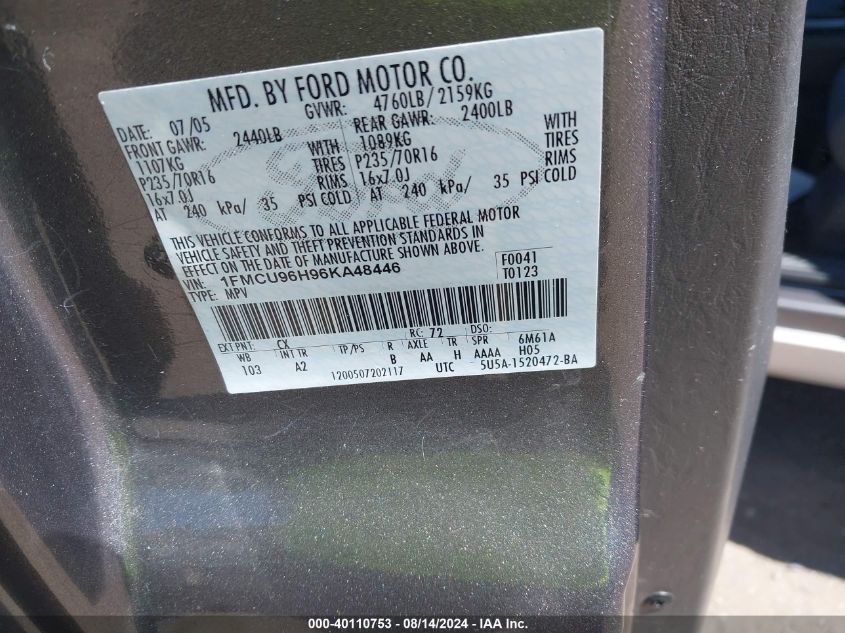 2006 Ford Escape Hybrid VIN: 1FMCU96H96KA48446 Lot: 40110753