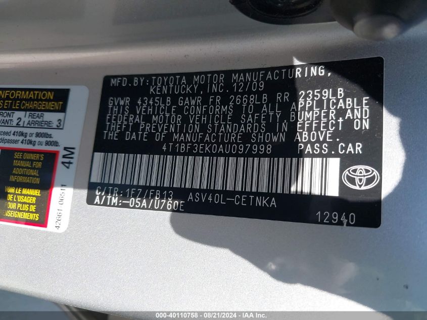 2010 Toyota Camry Le VIN: 4T1BF3EK0AU097998 Lot: 40110758