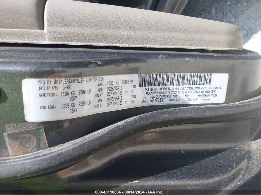 2002 Jeep Grand Cherokee Laredo VIN: 1J4GX48SX2C292016 Lot: 40110836