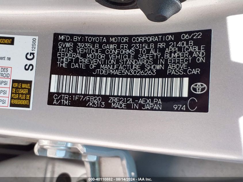 2022 TOYOTA COROLLA LE - JTDEPMAE5N3026263