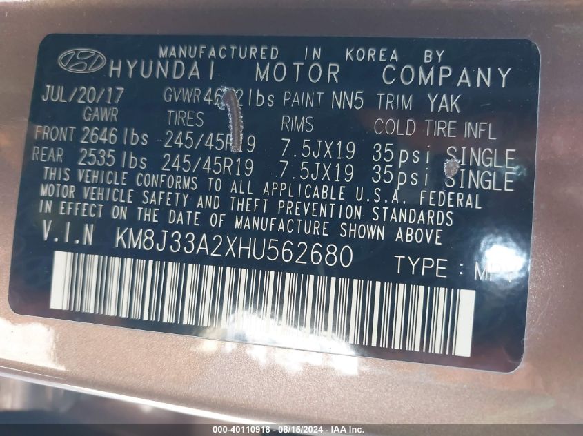 KM8J33A2XHU562680 2017 Hyundai Tucson Value