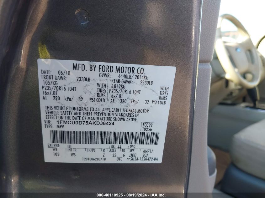 2010 Ford Escape Xlt VIN: 1FMCU0D75AKD38424 Lot: 40110925