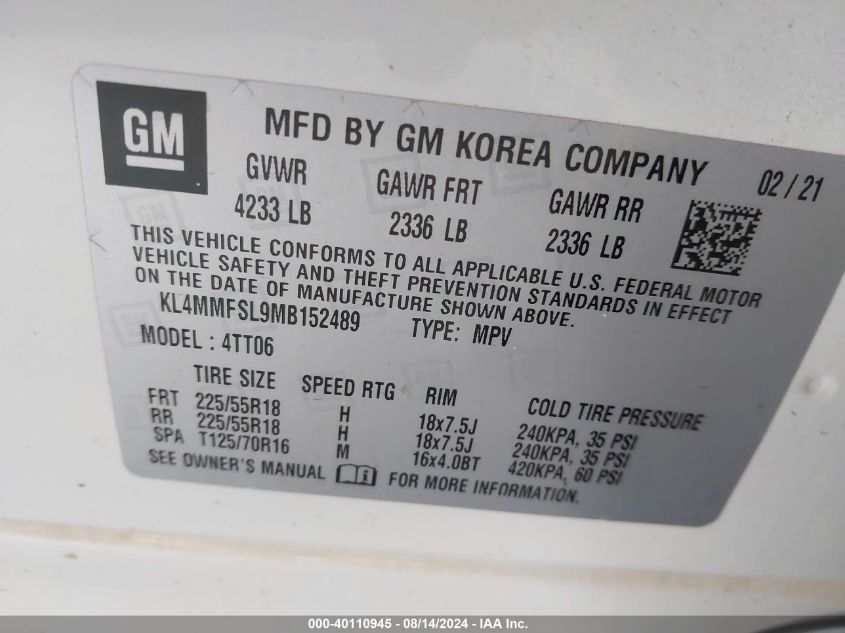 2021 Buick Encore Gx Fwd Essence VIN: KL4MMFSL9MB152489 Lot: 40110945