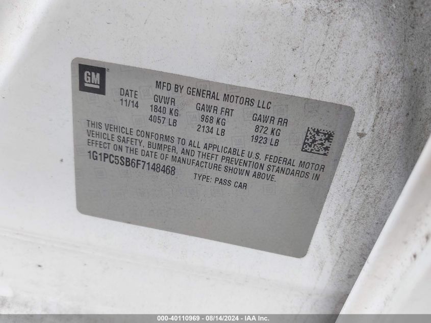 2015 Chevrolet Cruze Lt VIN: 1G1PC5SB6F7148468 Lot: 40110969