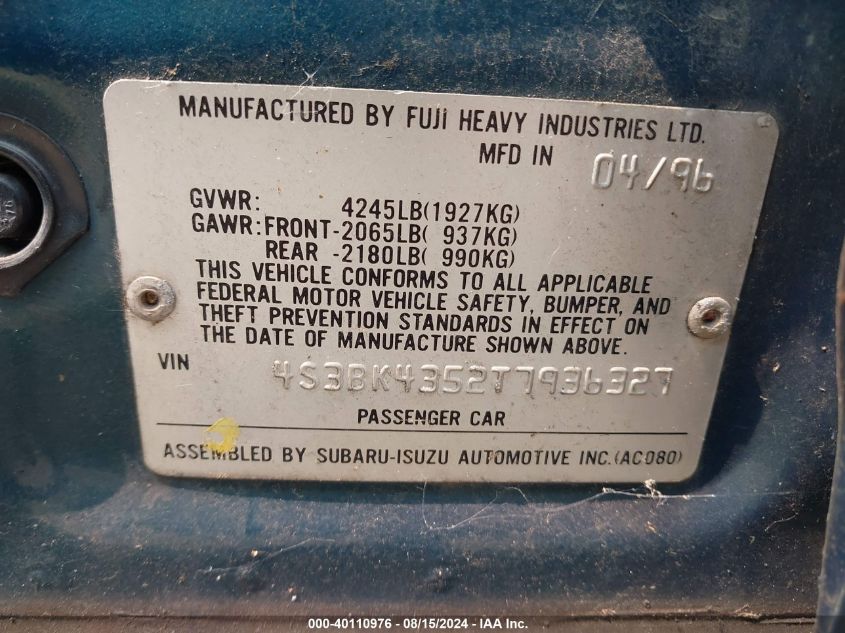 1996 Subaru Legacy L VIN: 4S3BK4352T7936327 Lot: 40110976