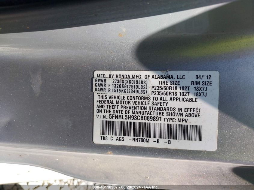 2012 Honda Odyssey Touring/Touring Elite VIN: 5FNRL5H93CB089891 Lot: 40110987