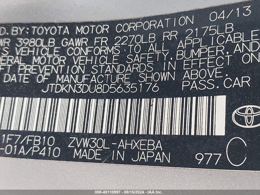 VIN JTDKN3DU8D5635176 2013 TOYOTA PRIUS no.9