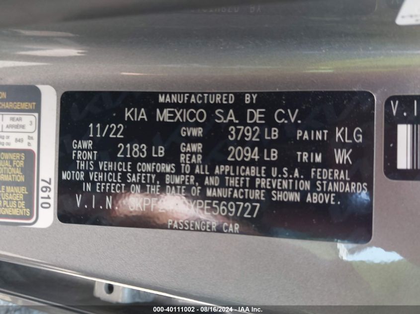 2023 Kia Forte Lxs VIN: 3KPF24ADXPE569727 Lot: 40111002