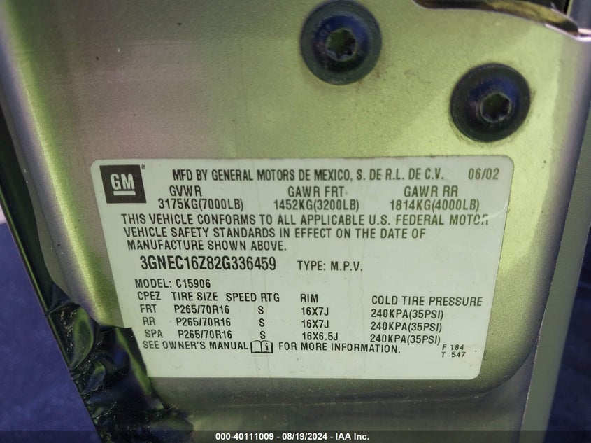 2002 Chevrolet Suburban 1500 Ls VIN: 3GNEC16Z82G336459 Lot: 40111009