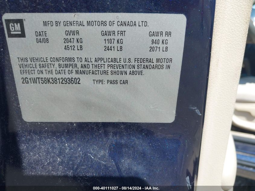 2008 Chevrolet Impala Lt VIN: 2G1WT58K381293602 Lot: 40111027