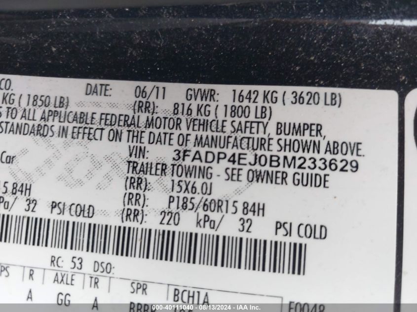 2011 Ford Fiesta Se VIN: 3FADP4EJ0BM233629 Lot: 40111040