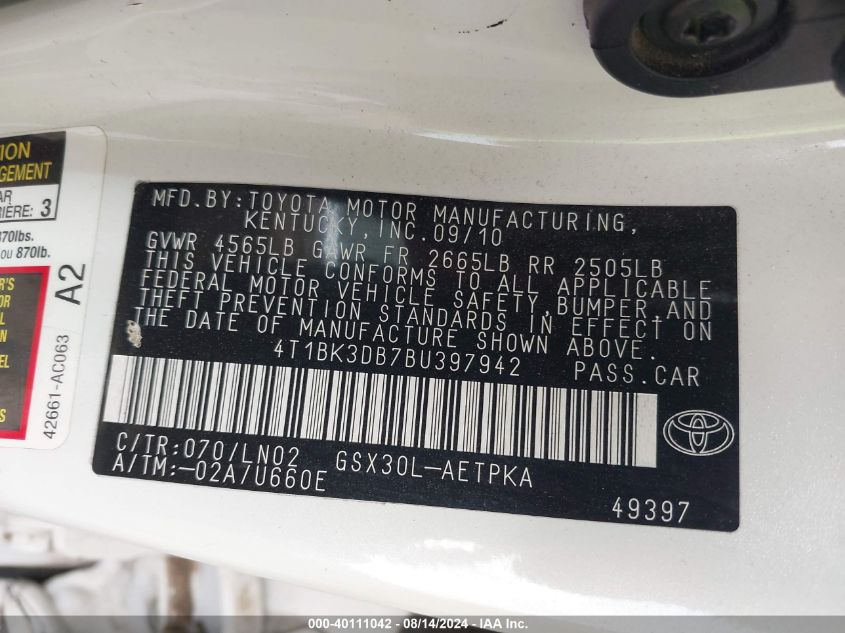 2011 Toyota Avalon Limited VIN: 4T1BK3DB7BU397942 Lot: 40111042