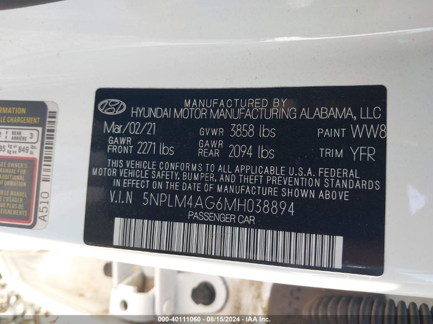 2021 Hyundai Elantra Sel VIN: 5NPLM4AG6MH038894 Lot: 40111060