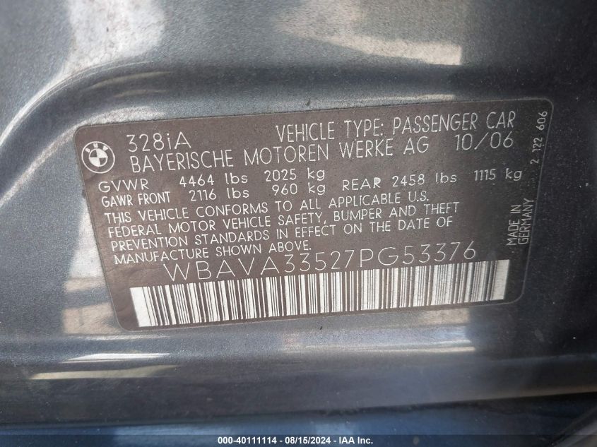 2007 BMW 328I VIN: WBAVA33527PG53376 Lot: 40111114