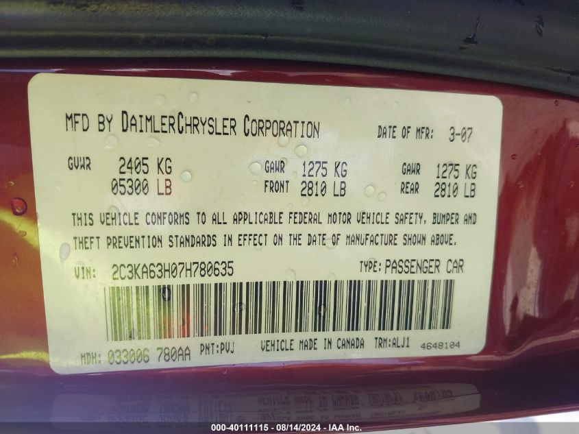 2C3KA63H07H780635 2007 Chrysler 300C