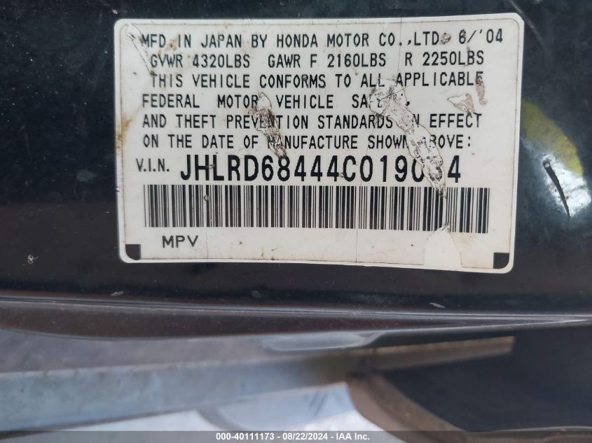 2004 Honda Cr-V Lx VIN: JHLRD68444C019034 Lot: 40111173