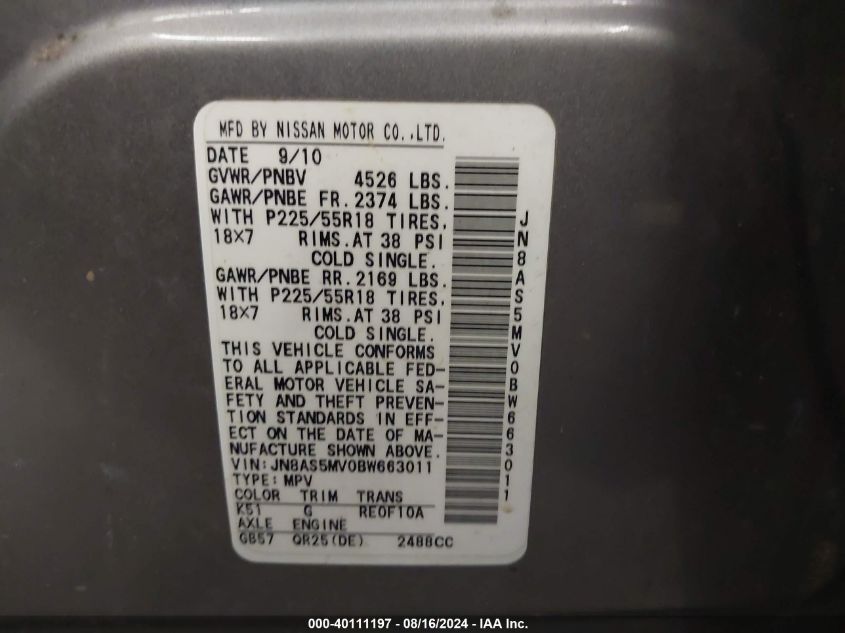 2011 Nissan Rogue Sv VIN: JN8AS5MV0BW663011 Lot: 40111197